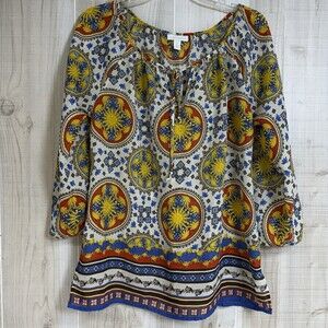 Charter Club Boho 3/4 Sleeve Geometric‎ Tie Neck Top Blouse Celestial Sz M